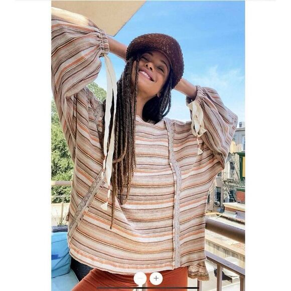 We The Free People Oversized Top Women's Large Stripe Boho Embroidered Festival - Picture 1 of 8